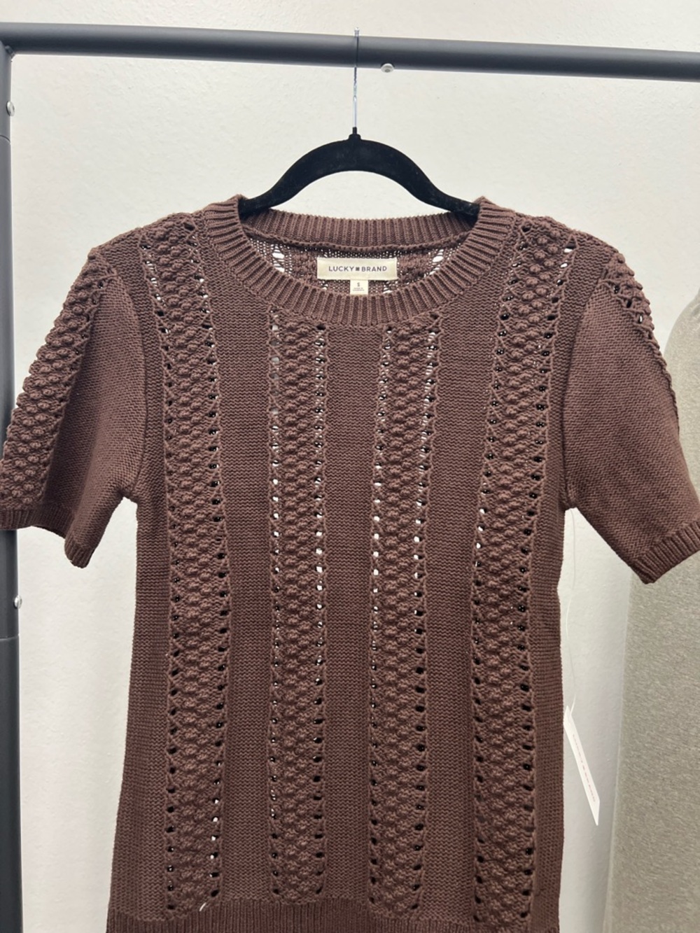 Lucky Brand Mauve-Brown Openwork Knit Short Sleeve Top